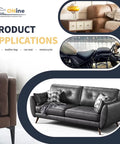 Leather Repair Tape Self Adhesive Patch Kit 3x60 Inches Black shown on sofa, motorcycle seat, and chair for repairs