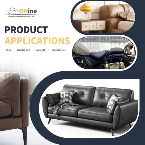 Leather Repair Tape Self Adhesive Patch Kit 3x60 Inches Black shown on sofa, motorcycle seat, and chair for repairs