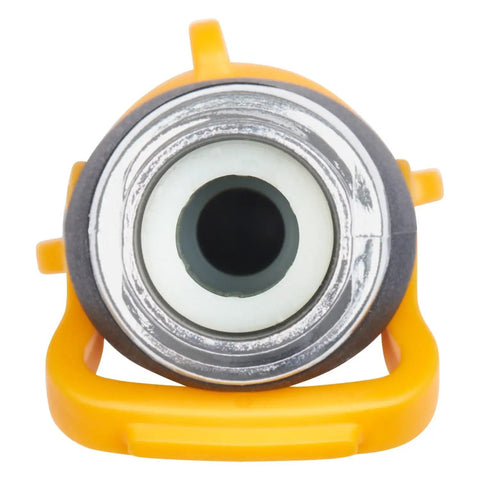 Front view of Lever Flow-Through Valve Connector Bundle for hose fittings, showing metal threads and yellow casing for high volume water flow control.