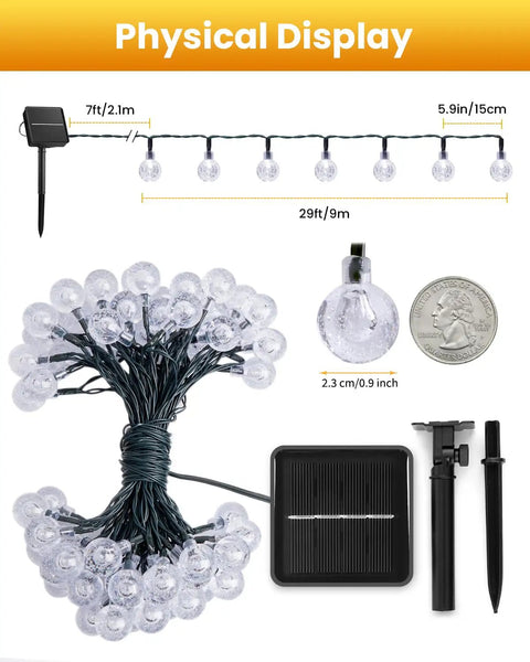 Outdoor 35Ft String Lights With 10 Shatterproof LED Bulbs Waterproof Patio Lanterns display with solar panel and bulb size comparison.