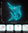 Blue Marlin Neon Sign Dimmable Led Wall Light For Home Decor Ocean Theme Coastal Wall Art USB Powered Dimmer Switch Ice Blue Marlin Light Up Sign For Sea Vibe Lovers Beach House Or Man Cave showing dimensions and features like metal hook, dimmer switch, USB power, and clear acrylic.