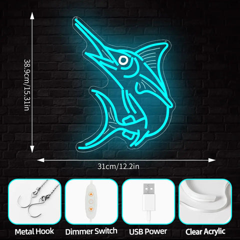 Blue Marlin Neon Sign Dimmable Led Wall Light For Home Decor Ocean Theme Coastal Wall Art USB Powered Dimmer Switch Ice Blue Marlin Light Up Sign For Sea Vibe Lovers Beach House Or Man Cave showing dimensions and features like metal hook, dimmer switch, USB power, and clear acrylic.