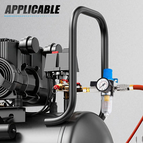 Air Compressor Moisture Filter With Water Separator, 1/4 Inch NPT Inlet, 150 PSI Gauge, attached to air tank