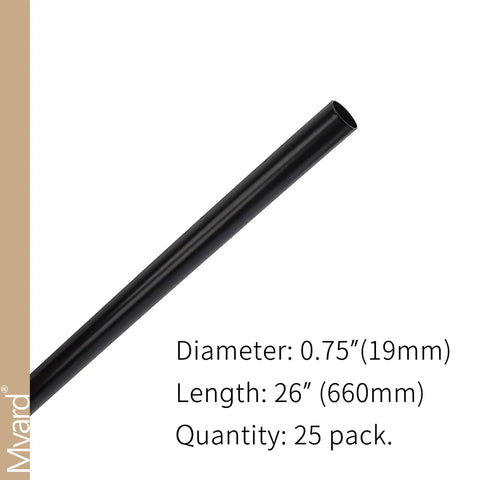 26 Inch Hollow Round Iron Deck Balusters Matte Black metal railing spindles showing the diameter and length details, 25 pack quality.