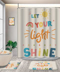 Colorful Quotes Kids Shower Curtain Set With Non Slip Rug, Waterproof 72x72 Inches, Cartoon Inspiring Letters, Easy Care Bathroom Decor For Children, Bright, Fun, Light Shine Theme featuring 'Let Your Light Shine' text.