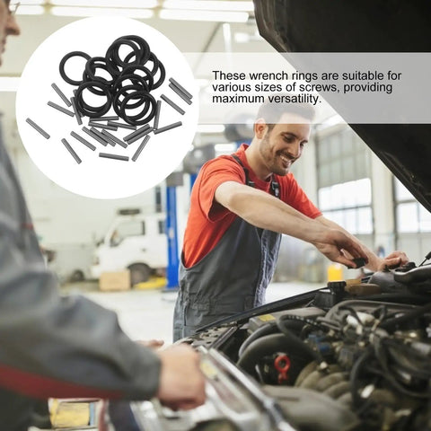 Premium 50 Pc Rubber Retaining Rings For Wrench Socket Pins That Lock Screws Tight, durable black circlips on mechanic's bench.