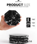 Slick Black Star Marble Coasters Set Of Six Natural Polished Stone Drink Guards For Coffee And Dining Tables Modern Minimalist Surface Protection, 3.5 inch coasters stacked.