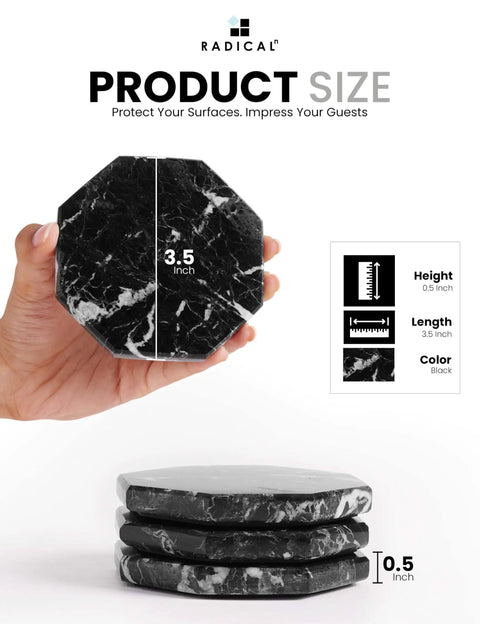 Slick Black Star Marble Coasters Set Of Six Natural Polished Stone Drink Guards For Coffee And Dining Tables Modern Minimalist Surface Protection, 3.5 inch coasters stacked.