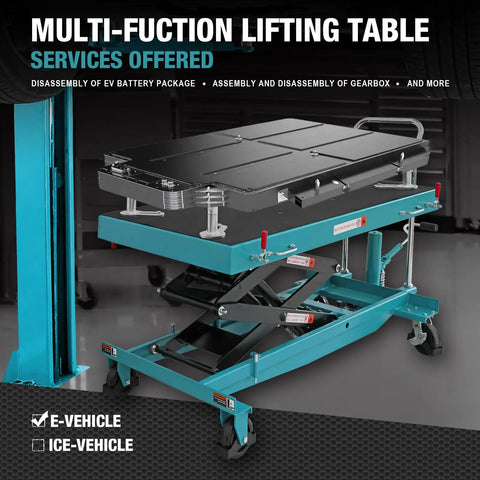 Heavy Hitter One Ton Hydraulic Battery Lift Table Adjustable Height Electric Vehicle Service Platform with insulated non-slip tray.