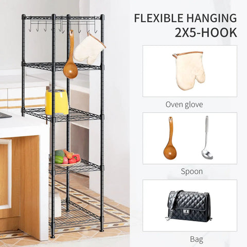 Beefy Five Shelf Heavy Duty Metal Storage Rack With Adjustable Wire Shelves, Leveling Feet And Handy Hooks for kitchen use