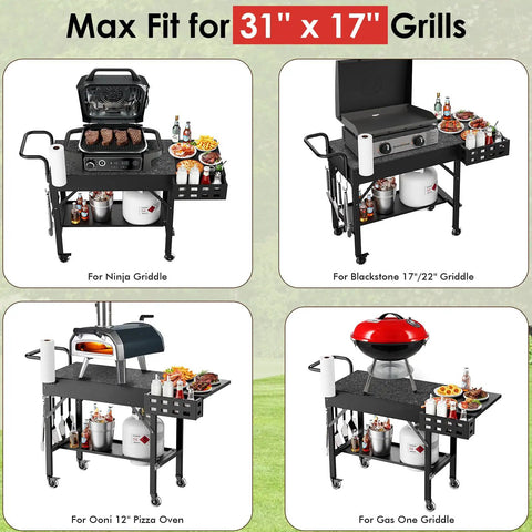 Portable Outdoor Grill Cart For Blackstone Griddle And Ninja Stand Foldable With Wheels showing different grill fits