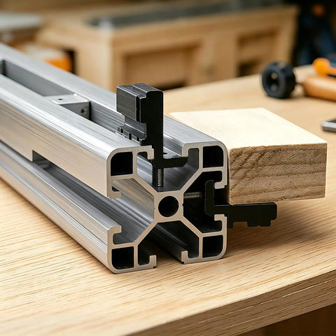 Heavy Duty Aluminum Alloy Mounting Bracket Set 15 Pieces 2020 Series shown on wood table with extrusion profile