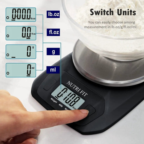 Awesome Compact Digital Food Scale For Cooking And Baking Small Kitchen Scale with tare and LCD showing units in g and oz.