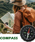 Traveler reading map outdoors with Water Resistant Hiking Compass With Lensatic Bearing Guide, orange backpack in view
