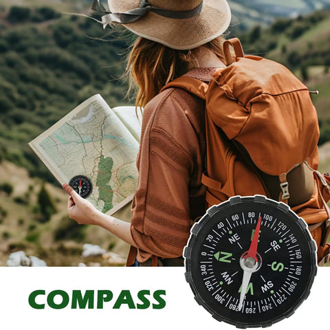 Traveler reading map outdoors with Water Resistant Hiking Compass With Lensatic Bearing Guide, orange backpack in view
