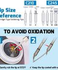 Micro Soldering Kit With 5 C210 Tips, showing tip size reference and oxidation prevention steps with soldering station.