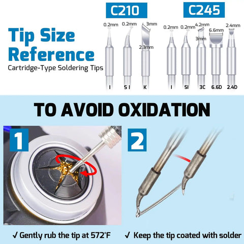 Micro Soldering Kit With 5 C210 Tips, showing tip size reference and oxidation prevention steps with soldering station.