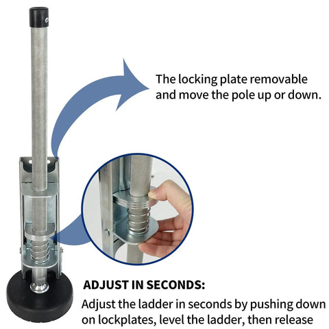 Pair Of Adjustable Ladder Levelers With Anti Slip Steel Poles For Stable Grounding And Platform On All Surfaces Easy Install Replacement Rubber Feet Standard Version Ladder Accessory showing locking plate mechanism.