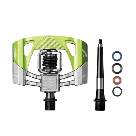 Mallet 2 MTB Pedals Raw And Green With Clip In System, Four Sided Entry, adjustable spindle and hardware displayed