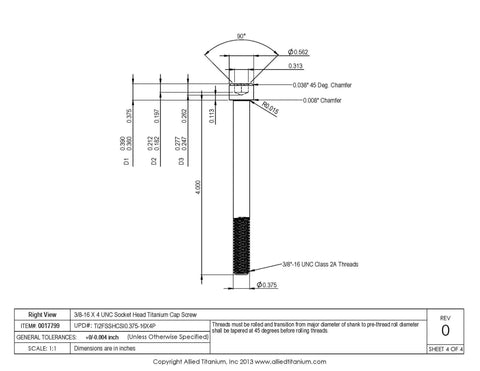 Pro Grade 2 Titanium Socket Head Cap Screws Three Eighths Sixteen By Four Inch Unc Threaded Fasteners technical drawing with dimensions.