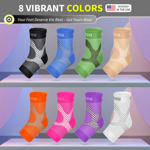 Compression Socks For Plantar Fasciitis And Ankle Pain Relief With Foot Arch Support And Ankle Wrap in eight colors, including white.