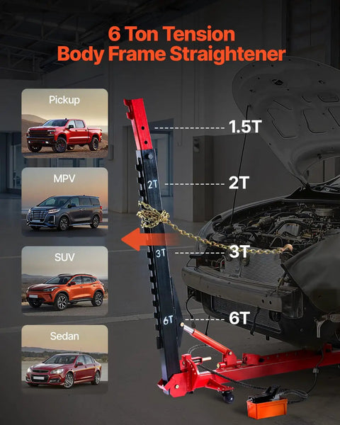 Diagram of 6T Auto Body Frame Puller Straightener With 3T Airbag Jack And 6000 PSI Hydraulic Foot Pump in vehicle repair use