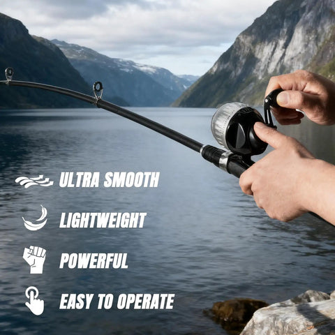Hands holding Kid Friendly Fishing Pole Set For Beginners Telescopic Rod And Spincast Reel Combo by a scenic lake.