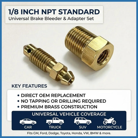 Get Your Daily Driver Rolling Smooth Again By Swapping In This 8 Piece Brass Bleeder Screw Kit With Universal 1 8 Inch Npt Valves And 1 4 To 28 Plus 1 8 To 27 Threaded Bases For Quick Under Hood Hydraulic Fixes - 1/8 inch NPT universal brake bleeder and adapter set.
