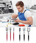 Thirty Piece Pack Female Speaker Wire Connectors With Pre Wired 18 Awg Red And Black Cables Nylon Sleeve Spade Terminals Built For Car Audio Mods Or Quick DIY Hook Ups Easy Plug In Setup, shown with tools.