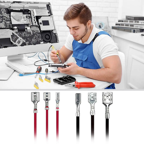 Thirty Piece Pack Female Speaker Wire Connectors With Pre Wired 18 Awg Red And Black Cables Nylon Sleeve Spade Terminals Built For Car Audio Mods Or Quick DIY Hook Ups Easy Plug In Setup, shown with tools.