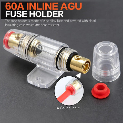 60A inline AGU fuse holder for Complete 4 Gauge Car Subwoofer Amplifier Wiring Harness Kit with power input feature.
