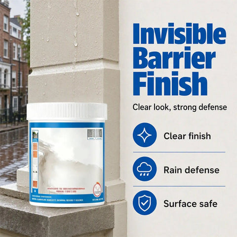 Heavy Duty Multi Surface Waterproof Sealant Spray To Nail Leaks On Roofs Walls Or Tiles Clear Protective Coating on a wall.