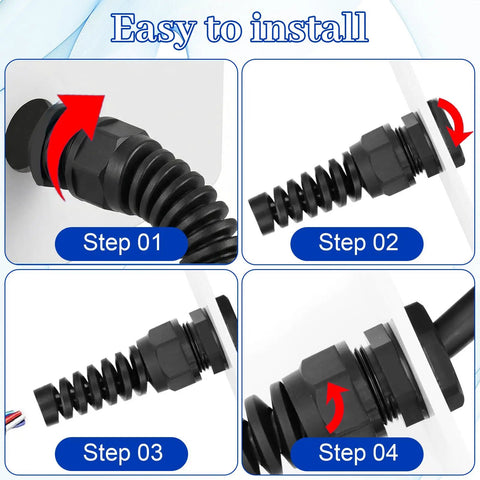 4 Pack NPT One Half Inch Waterproof Cable Glands For Six To Twelve Millimeter Cables, Adjustable Strain Relief Bushing, Nylon Body, Keeps Your Wiring Dry, Sealed And Protected Anywhere. Easy install steps for black NPT 1/2 nylon cable gland