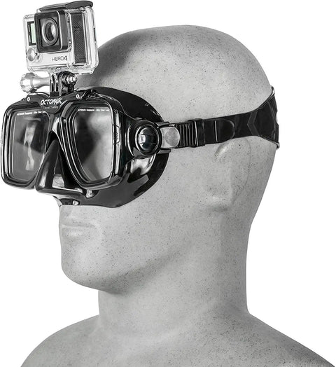 Scuba Mask With Built-In GoPro Mount For All GoPro Hero Cameras, Ultra Soft Silicone Skirt, Fits Like A Glove For Diving, Snorkeling, And Freediving, Black on mannequin