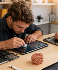 Young man using Top Grade Solder Tip Cleaning Brush Made With Heavy Duty Wire Sponge For High Temp Irons on electronics.