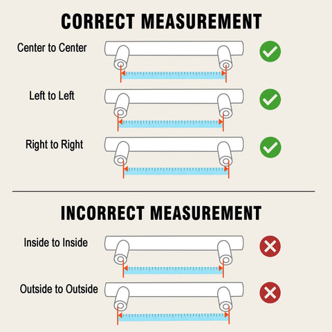 Measurement guide for Two Pack Solid Brass Cabinet Pulls With Grooved Gold Bar Handles, showing correct center to center alignment.