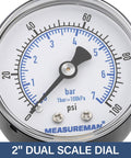 Close-up of 2-inch dial gauge on Air Over Water Test Regulator With Gauge For Home Plumbing Leak Detection, 0-100 PSI Range