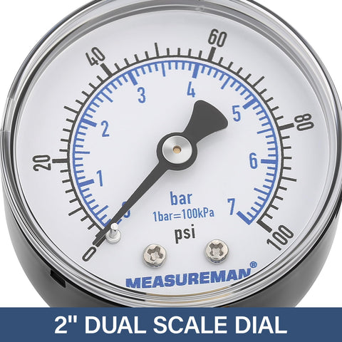 Close-up of 2-inch dial gauge on Air Over Water Test Regulator With Gauge For Home Plumbing Leak Detection, 0-100 PSI Range