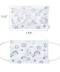 Kid Friendly Disposable Face Masks 50 Pack 3 Ply Breathable Protective Masks For Boys And Girls Soft Ear Loops Anti Dust Smog Lightweight All Day Wear For School And Play Blue shown with dimensions and playful print design.