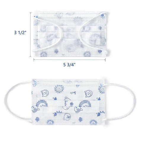 Kid Friendly Disposable Face Masks 50 Pack 3 Ply Breathable Protective Masks For Boys And Girls Soft Ear Loops Anti Dust Smog Lightweight All Day Wear For School And Play Blue shown with dimensions and playful print design.