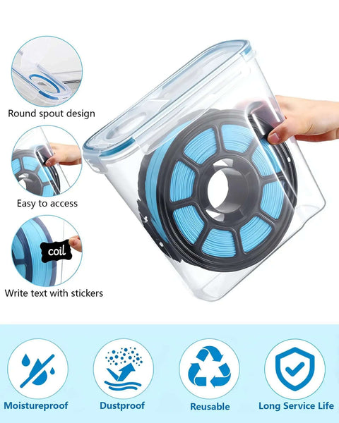 Person holding Six Pack 1.75mm Filament Storage Boxes With Desiccants Transparent Blue, showing filament access and labeling features