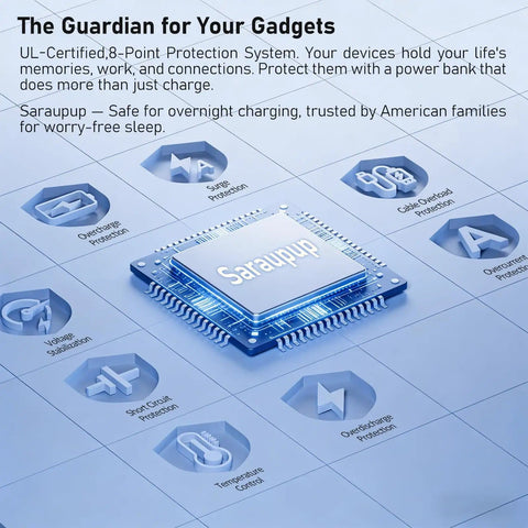 Chip illustration representing UL-Certified 8-Point Protection System for gadgets, enhancing safety and reliability.