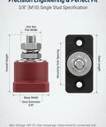 Legit Single Stud Battery Distribution Block With Top Post Layout And 3/8 Inch Threads, red terminal with 3/8" stud specifications.