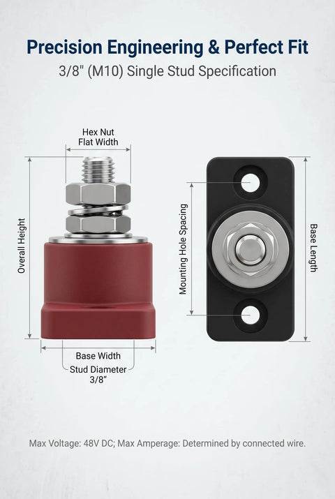 Legit Single Stud Battery Distribution Block With Top Post Layout And 3/8 Inch Threads, red terminal with 3/8" stud specifications.