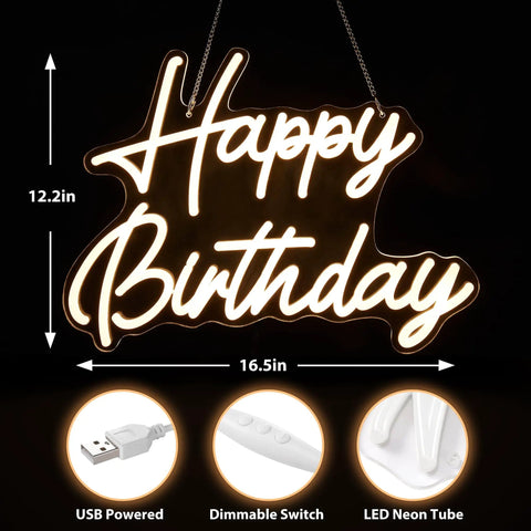 Happy Birthday Neon Sign For Backdrop Small 16.5 X 12.2 Inches LED Light Up Birthday Sign With Dimmable Switch Warm White Glow