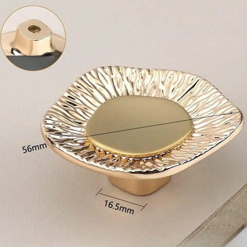 Close-up of Four Pack Single Hole Drawer Knobs in Champagne Gold Finish Textured Zinc Alloy Cabinet Handles with dimensions shown