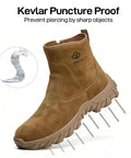 Mens Steel Toe Welding Boots Leather Work Boots Comfortable Slip Resistant Safety Shoes for Construction Brown Reinforced Steel Caps Durable Weld Ready Foot Protection for Daily Job Sites shown side view demonstrating Kevlar puncture-proof sole feature, surrounded by nails.