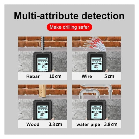 Straight Shooting Wall Scanner And Stud Finder With Four In One Metal Detection And AC Voltage Sensing To Nail Down Hidden Joists And Live Wires Safely Without Drywall Damage showing detection for rebar, wire, wood, and water pipe.
