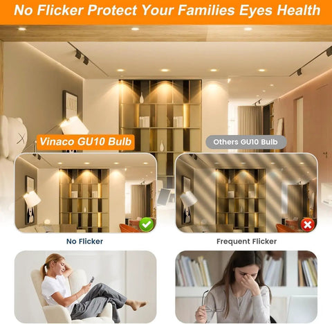 Comparison of GU10 Halogen Bulb Dimmable 50W 120V Warm White 2800K in flicker vs. no flicker lighting scenarios, living room setting