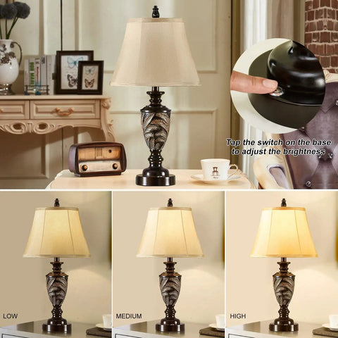 Farmhouse Table Lamp Set Of 2 With 3 Way Dimming Vintage Bedside Lamps With USB Ports And Included LED Bulbs For Bedroom Or Living Room End Tables No Fuss USB Charging For Cabin Decor, showing dimming settings and USB charging feature